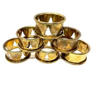 Set of 5 Vintage Brass Christmas Tree Cutout Napkin Rings Plus 1 Solid Farmhouse